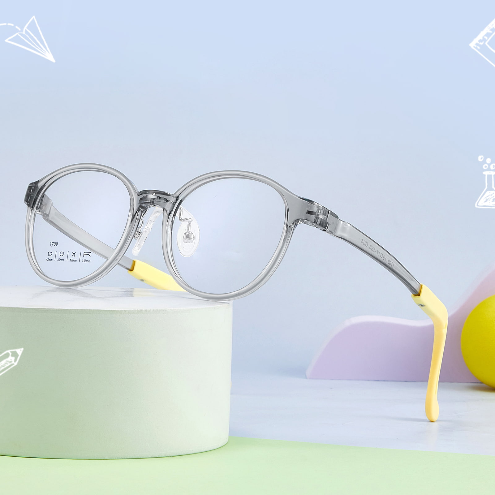1709 Óculos infantis com almofada nasal de silicone macio, flexível e resistente a impactos