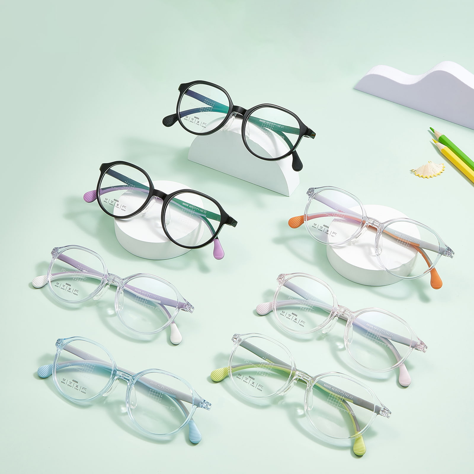 66006 Óculos infantis multicoloridos com almofada nasal de silicone macio em formato de U